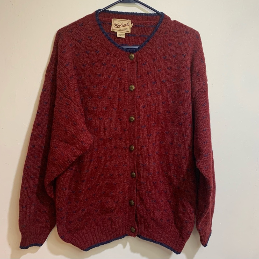 Vintage Woolrich Handframed Red Blue Knit Cardigan Sweater Adult Size Large 90s